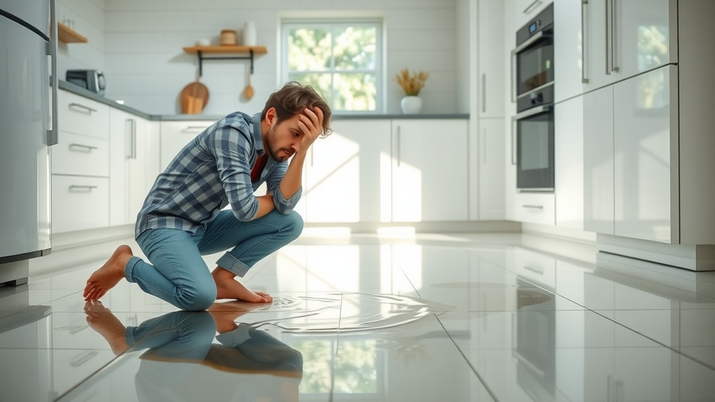 Homeowner inspecting kitchen floor water leak in need of home plumbing services.