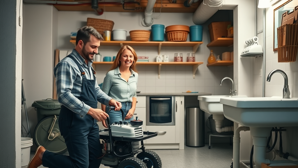 Plumber resolving basement drain backup with specialized home plumbing services.