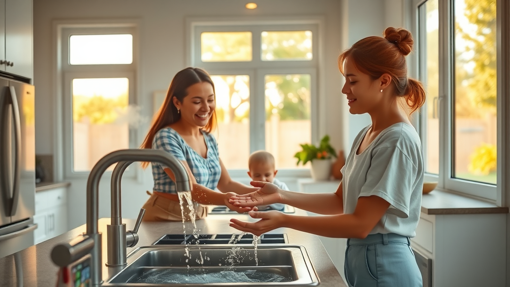 Family enjoying endless hot water in kitchen thanks to tankless water heater system.