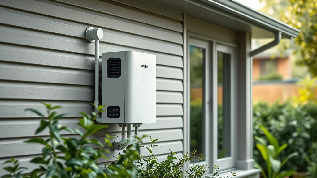 Energy-saving tankless water heater installed outside eco-friendly modern home.