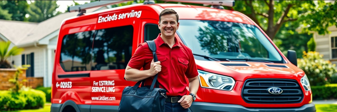 Home maintenance expert smiling by service van in a neighborhood
