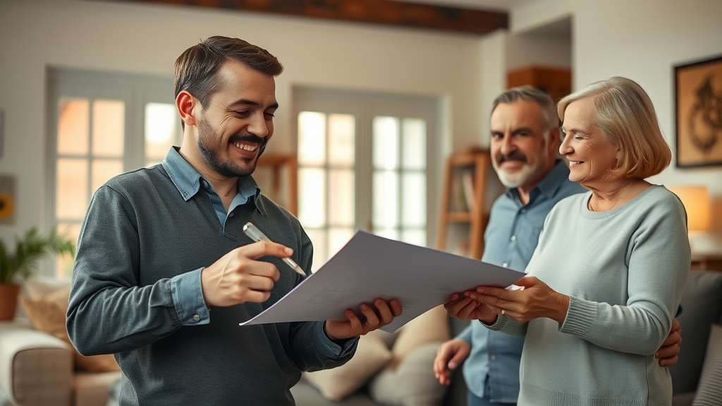 Expert advising homeowners in living room, home maintenance solutions