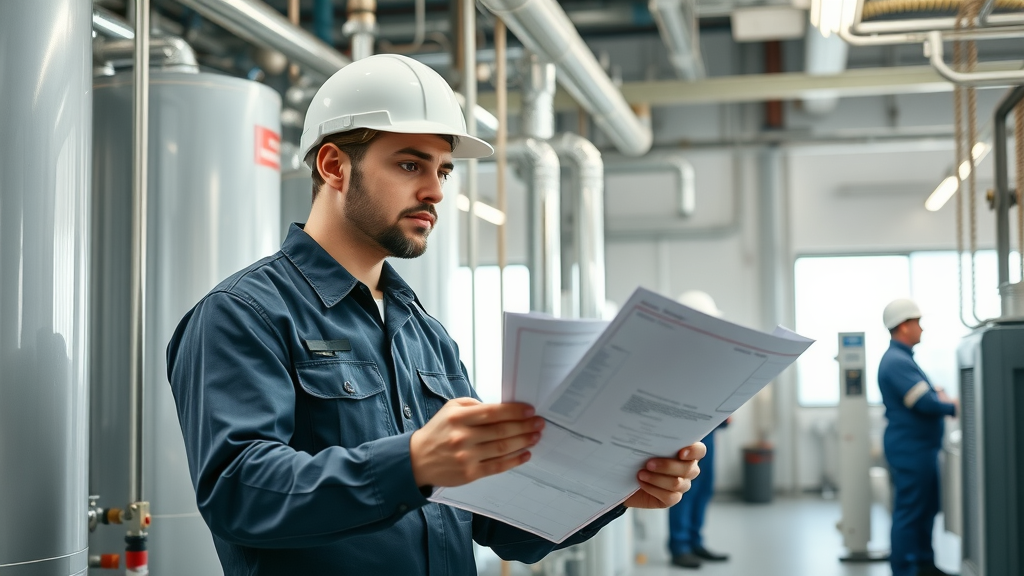 Professional commercial plumber with blueprints in modern facility, commercial plumbing solutions.