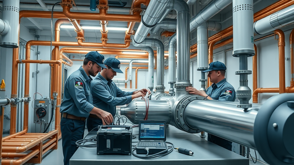 Expert plumbers repairing advanced piping system, showcasing commercial plumbing solutions.