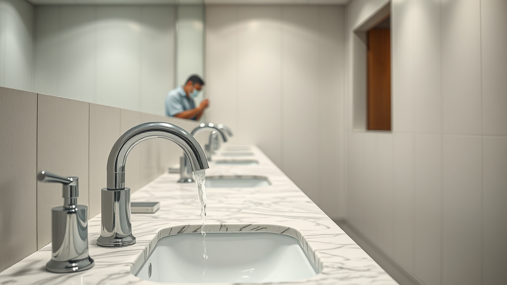 Modern office restroom with technician inspecting, reliable commercial plumbing solutions.