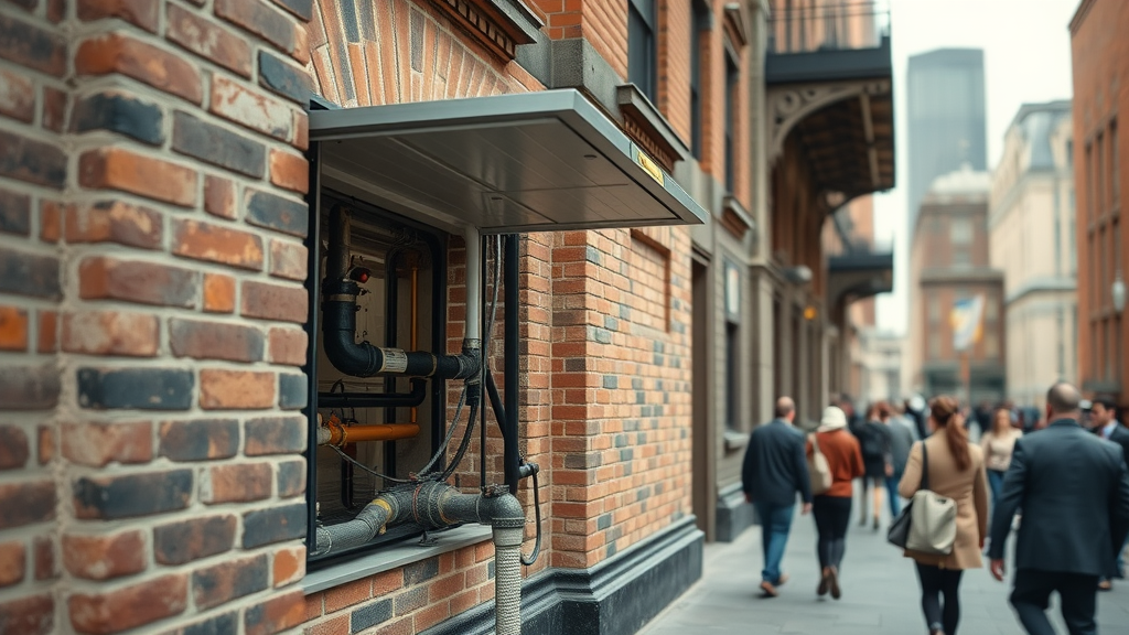 Commercial plumbers upgrading pipes outside historic building, expert plumbing solutions.