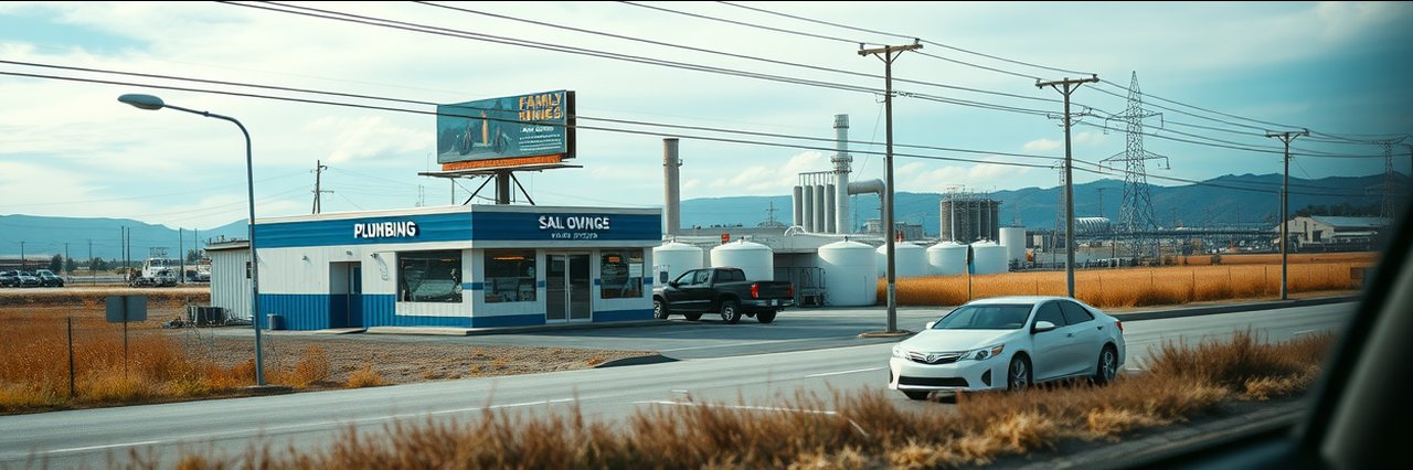 Family owned plumbing business with blue sign and industrial background