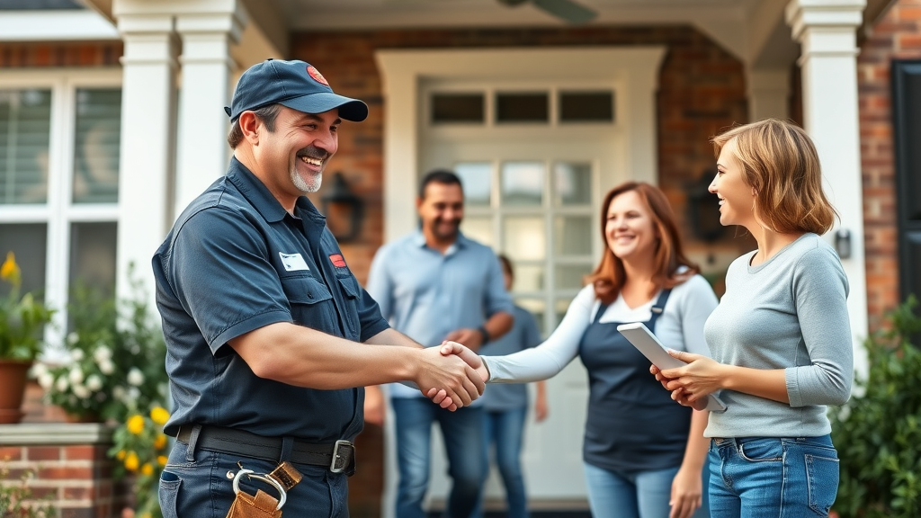 Family owned plumbing pros greeting clients on front porch for trusted service