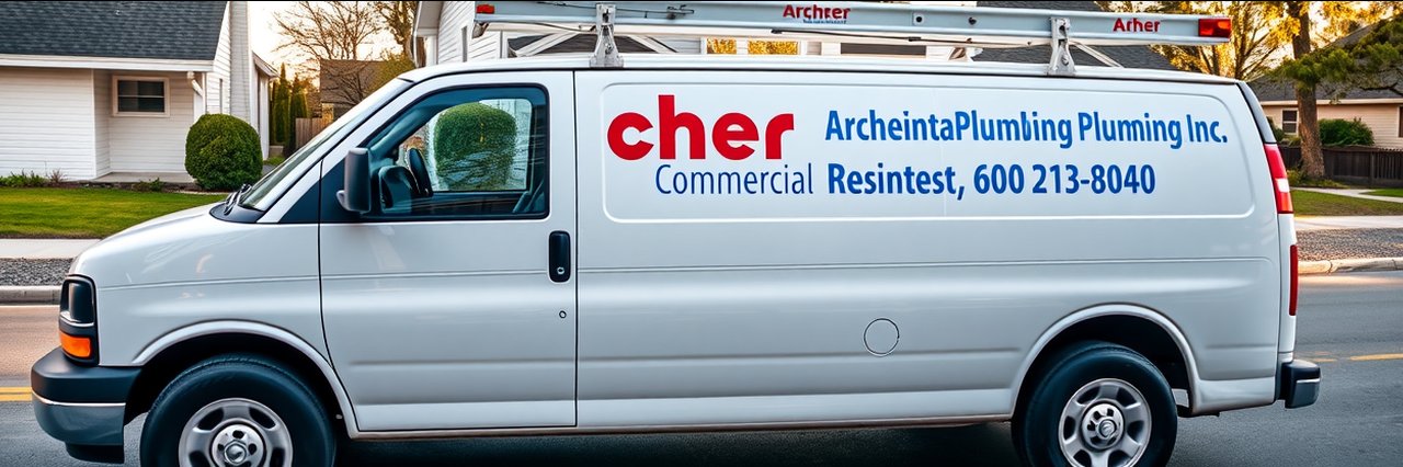 General plumbing services branded van with contact info and logo.