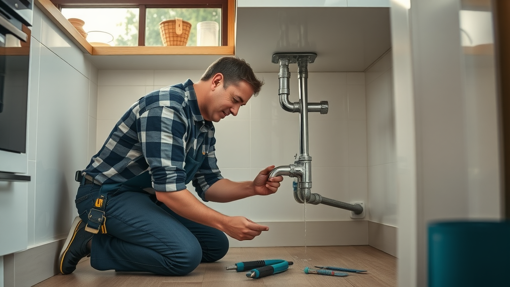 Expert plumber providing general plumbing services in a bright kitchen setting