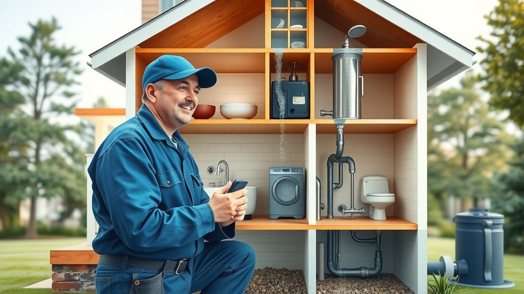 General plumbing services expert working on pipes in multi-story home cutaway