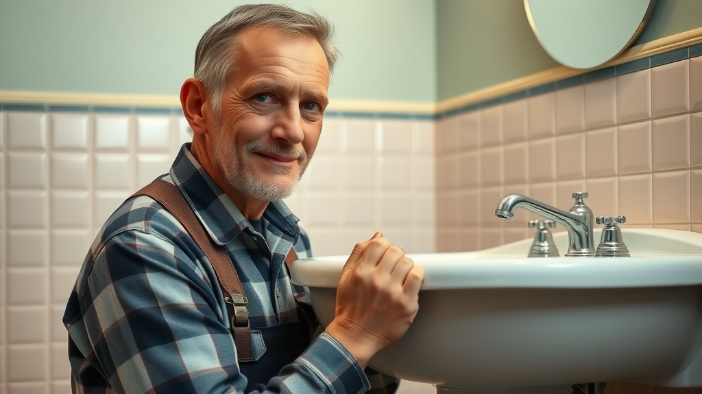 Trustworthy plumber fixing classic bathroom sink, general plumbing services focus