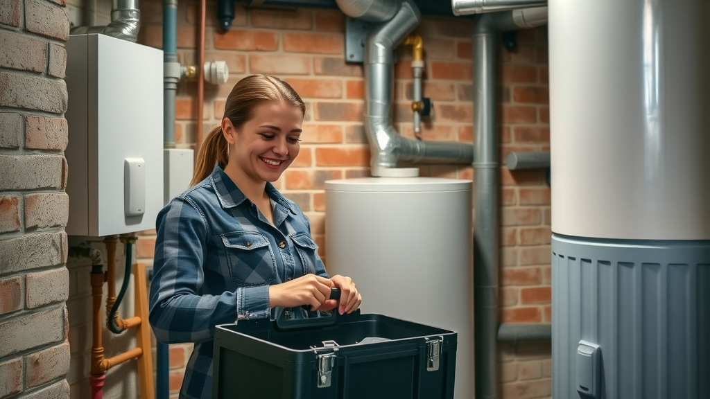 Female plumber performing general plumbing services on water heater system