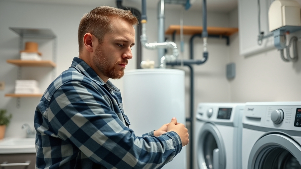Expert plumber installing water heater during residential plumbing service