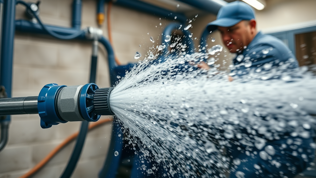 Plumber demonstrates hydro jetting benefits using high-pressure water in pipes.