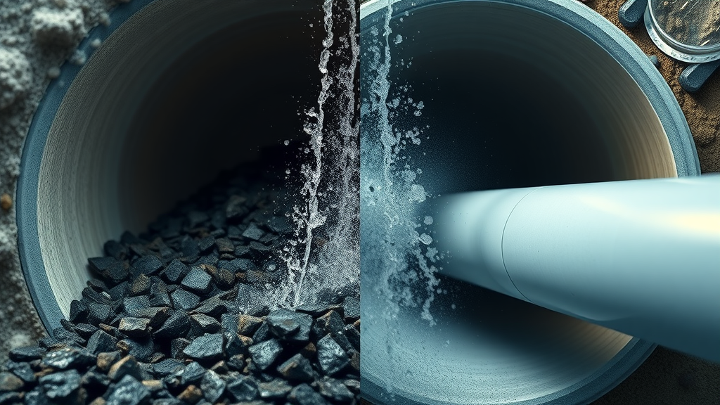 Hydro jetting benefits shown by comparing clean and clogged home pipes.