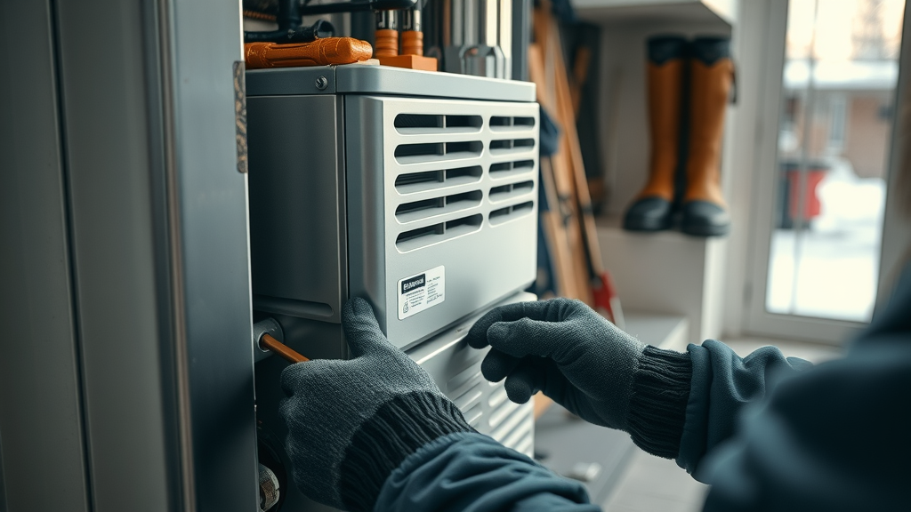 Technician repairing furnace, close-up, heating repair cincinnati service.