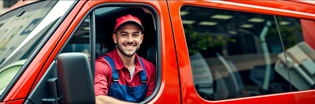 Friendly plumber in red van ready for sewer line repair service call.