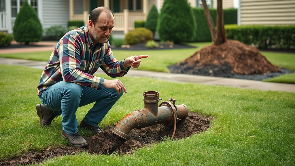 Homeowner inspects exposed damaged sewer pipe needing sewer line repair