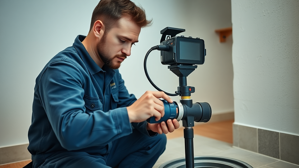 Plumber performs sewer line repair with inspection camera equipment
