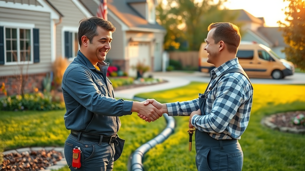 Plumber and homeowner celebrate completed sewer line repair outdoors