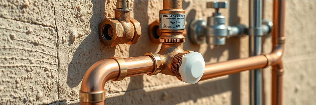 Expert residential plumbing services copper pipe installation on stucco wall