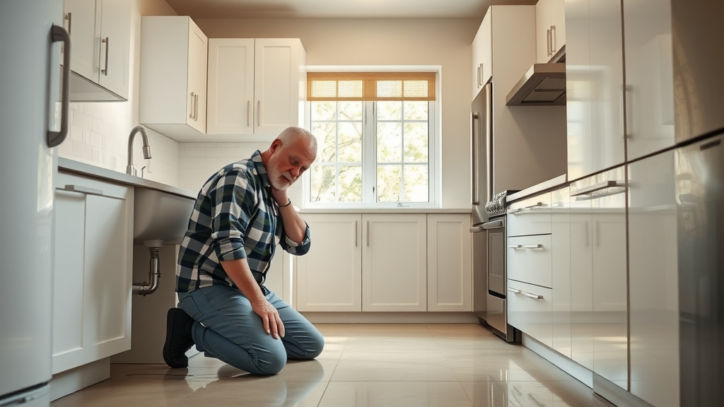 Homeowner checks leaking kitchen pipe, residential plumbing services save homes.