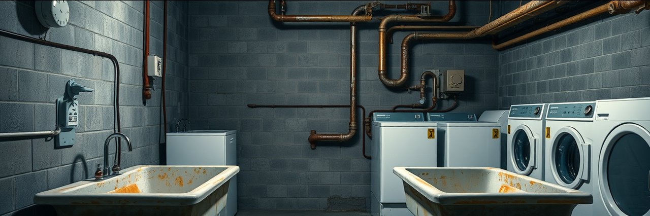 Aged laundry room with vintage sinks and exposed pipes at a plumbing showroom cincinnati
