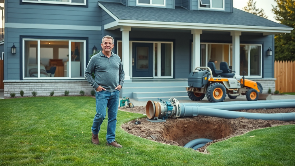 Professional sewer line replacement in residential yard shows proactive home maintenance.