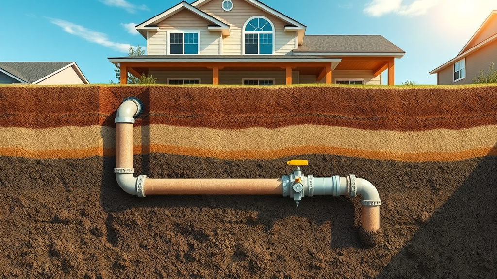 Cross-section reveals sewer line replacement and safe underground plumbing upgrade.