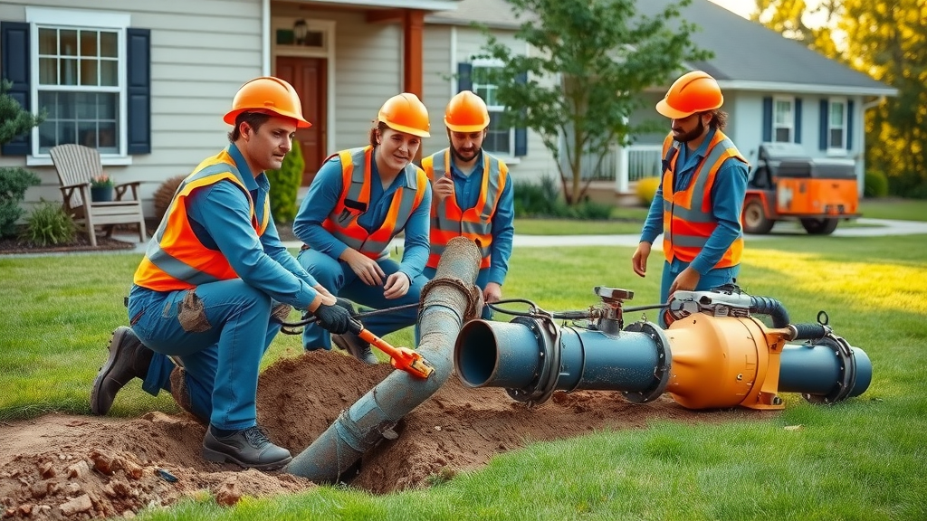 Plumbing crew performing efficient sewer line replacement at secure family home.