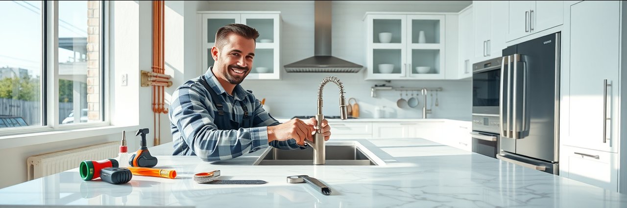 Professional replumbing a modern kitchen during a complete home replumbing project.