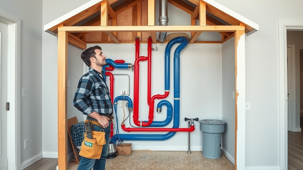 Complete home replumbing cross-section showing new PEX pipes and plumber inspecting.