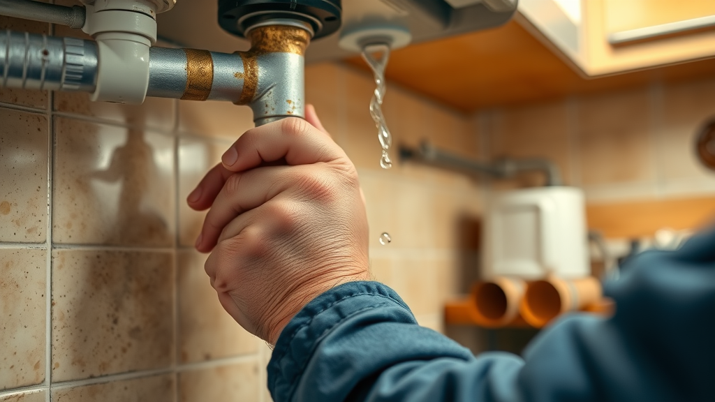 Skilled plumber replaces pipes under kitchen sink during complete home replumbing.