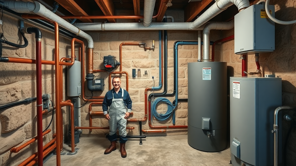 Basement with new pipes and plumber showcasing complete home replumbing upgrade.