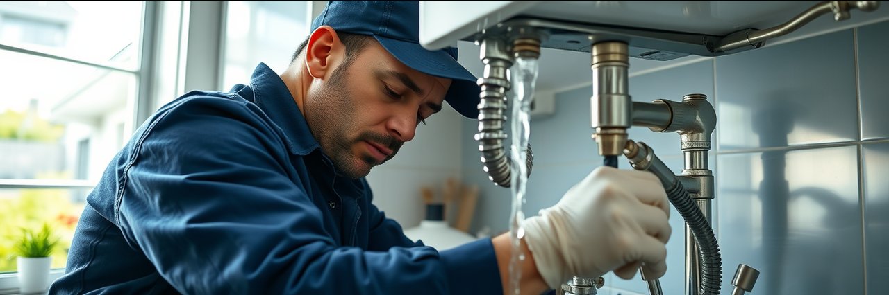 Emergency plumbing services: Professional plumber fixing burst pipe in bright kitchen
