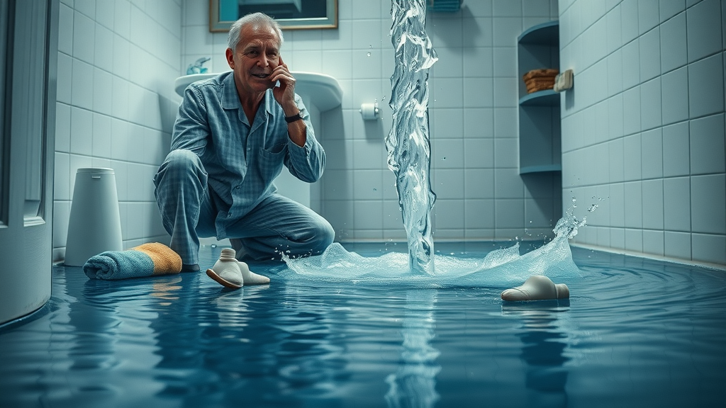 Urgent emergency plumbing services scene with homeowner calling for help