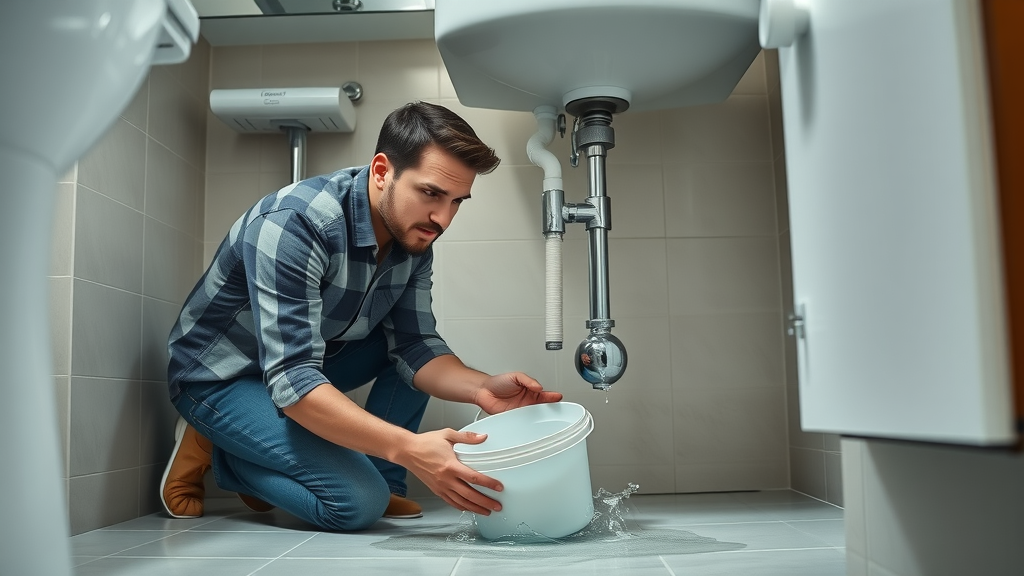 Worried homeowner handling a leaking sink during residential plumbing repair.