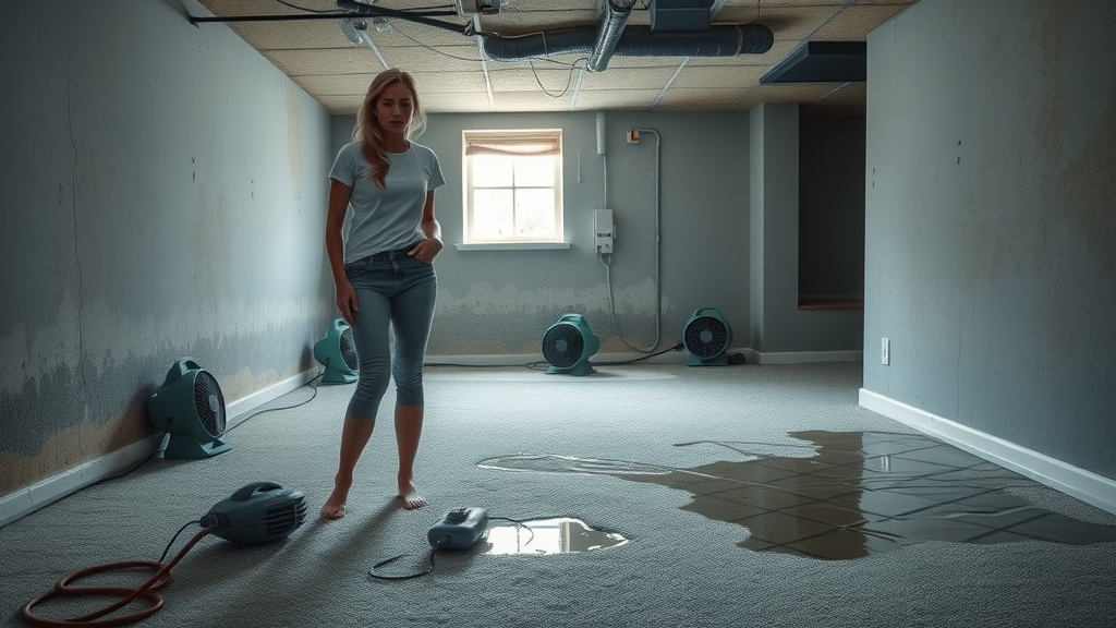 Woman surveying water damage cleanup scene in flooded basement with dryer fans