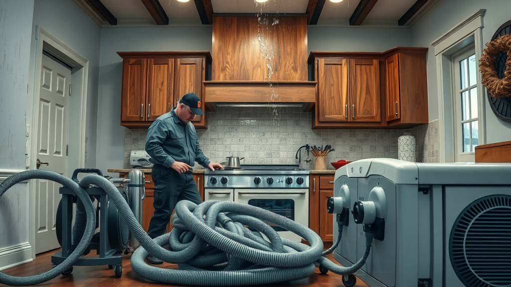 Technicians setting up water damage cleanup equipment in a flooded kitchen