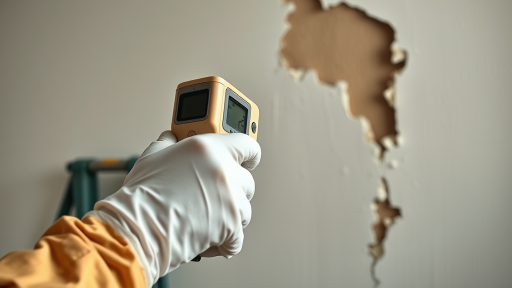 Water damage cleanup technician measuring moisture in wet drywall with equipment
